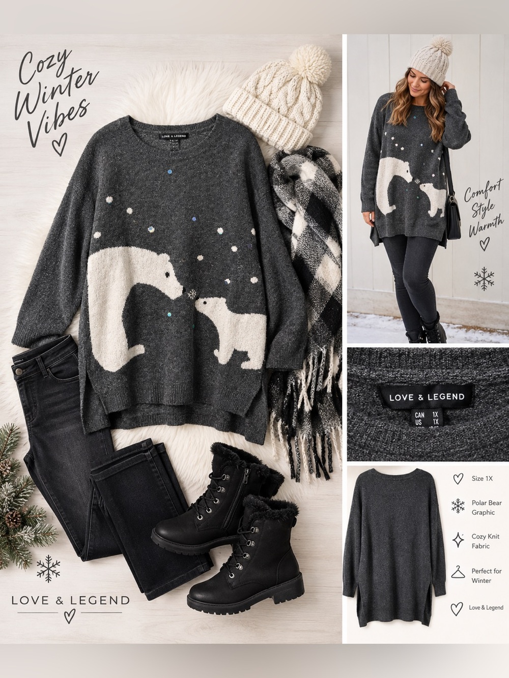 Love & Legend | 1X | Charcoal Gray 🩶| Polar Bear Knit Sweater ❄️